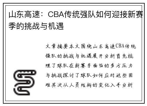 山东高速：CBA传统强队如何迎接新赛季的挑战与机遇